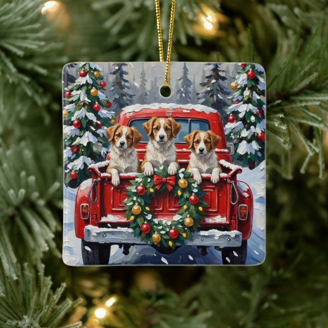 Papillon Christmas Red Truck Holiday Ceramic Ornament (Tree)