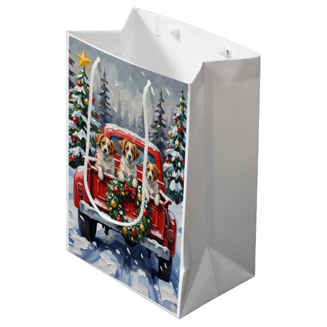 Papillon Christmas Red Truck Holiday Medium Gift Bag (Front Angled)