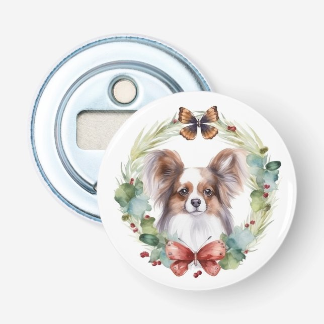 Papillon Christmas Wreath Festive Pup  Bottle Opener (Front)