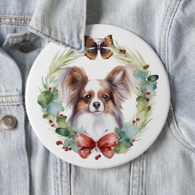 Papillon Christmas Wreath Festive Pup  Button (In Situ)