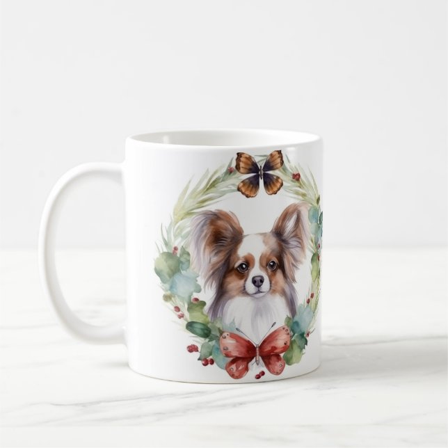 Papillon Christmas Wreath Festive Pup  Coffee Mug (Left)