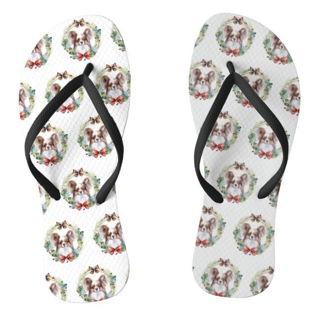 Papillon Christmas Wreath Festive Pup  Flip Flops (Footbed)