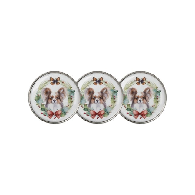 Papillon Christmas Wreath Festive Pup  Golf Ball Marker (3 Up)
