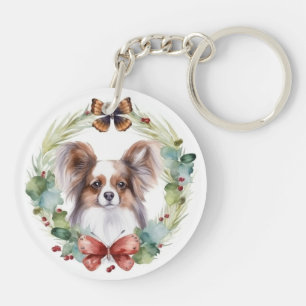 Papillon Christmas Wreath Festive Pup Keychain