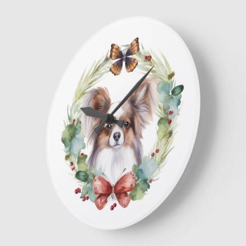 Papillon Christmas Wreath Festive Pup  Large Clock