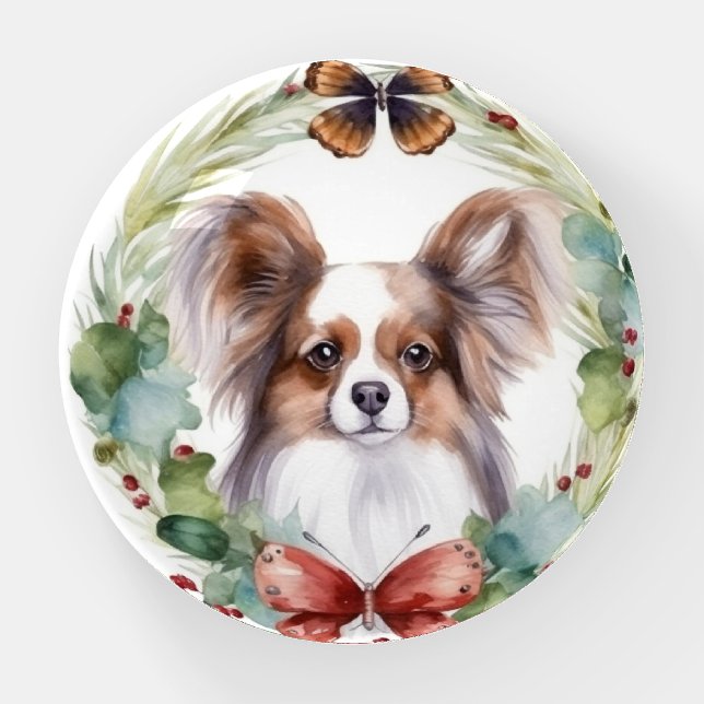 Papillon Christmas Wreath Festive Pup  Paperweight (Front)