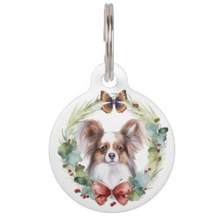 Papillon Christmas Wreath Festive Pup Pet ID Tag