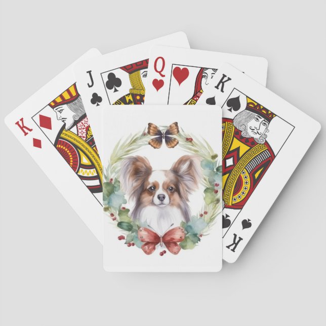 Papillon Christmas Wreath Festive Pup  Poker Cards (Back)