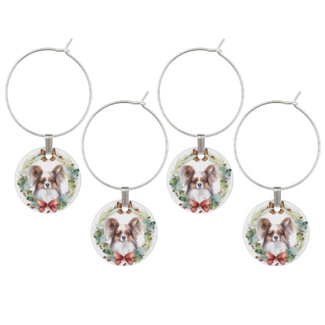 Papillon Christmas Wreath Festive Pup  Wine Charm (Staggered)