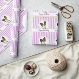 Papillon Dog and Lavender Stripes Happy Birthday Wrapping Paper
