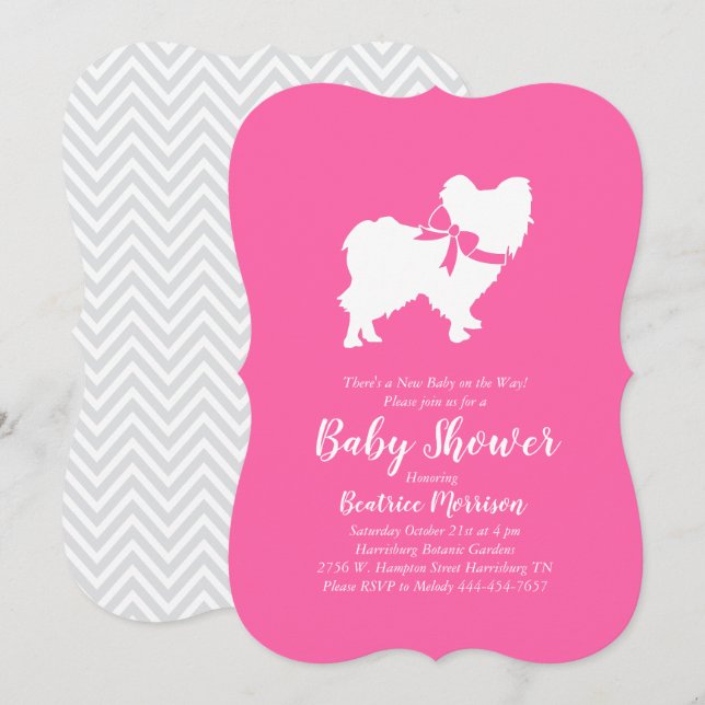Papillon Dog Baby Shower Pink Girl Invitation (Front/Back)