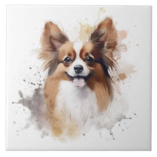 Papillon Dog Brown and White Watercolor Ceramic Tile