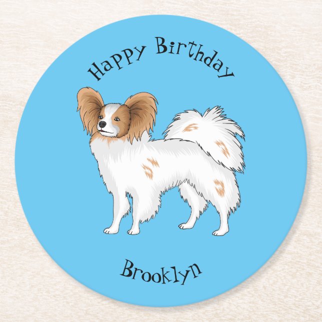 Papillon dog cartoon illustration round paper coaster (Front)