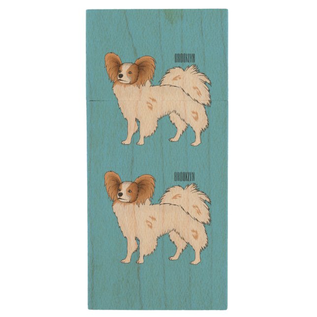 Papillon dog cartoon illustration wood flash drive (Front Vertical)