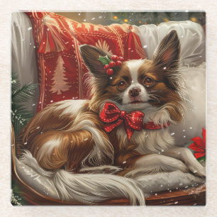 Papillon Dog Christmas Festive Glass Coaster