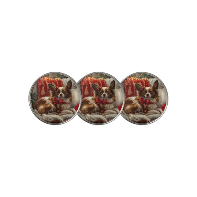 Papillon Dog Christmas Festive Golf Ball Marker (3 Up)