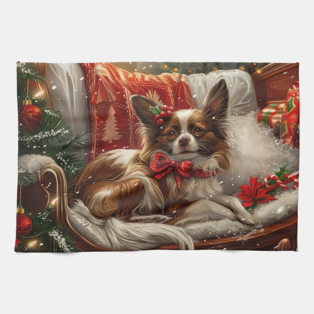 Papillon Dog Christmas Festive Kitchen Towel (Horizontal)