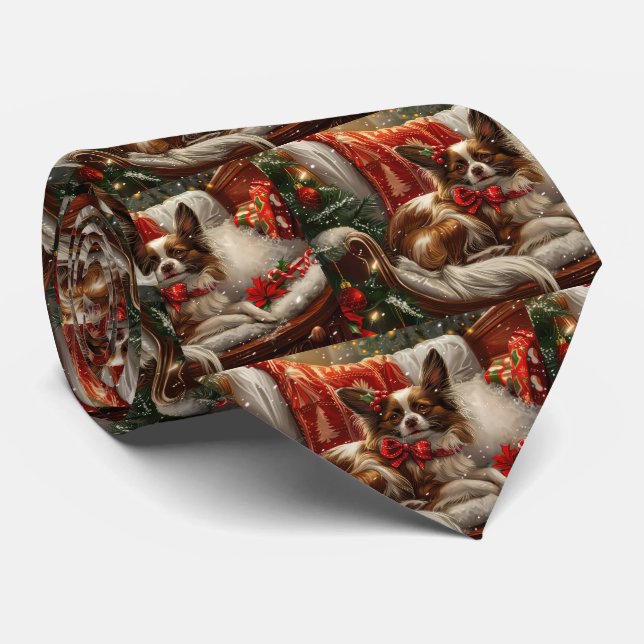 Papillon Dog Christmas Festive Neck Tie (Rolled)
