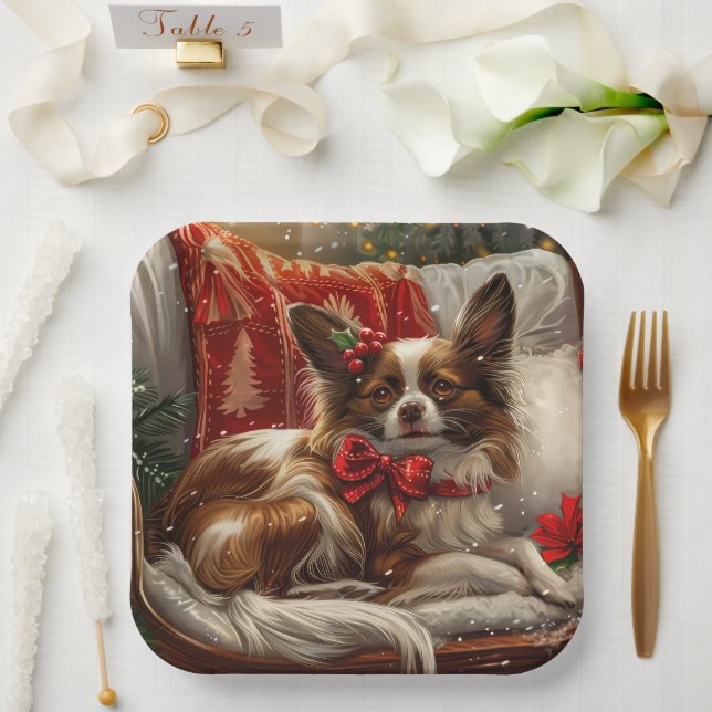 Papillon Dog Christmas Festive Paper Plates (Wedding)