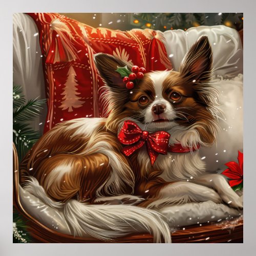 Papillon Dog Christmas Festive Poster