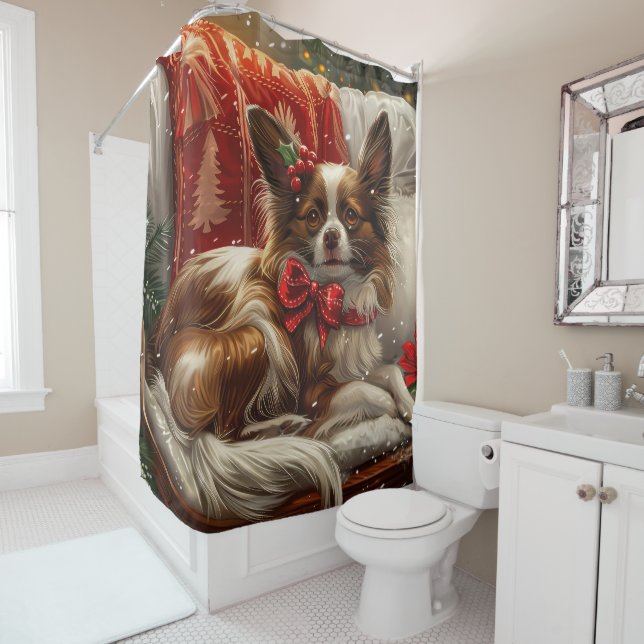 Papillon Dog Christmas Festive Shower Curtain (In Situ)