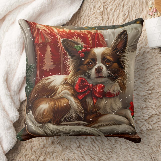 Papillon Dog Christmas Festive Throw Pillow (Blanket)