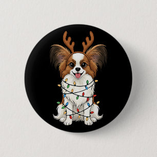 Papillon Dog Christmas Reindeer Lights Funny Dog L Button