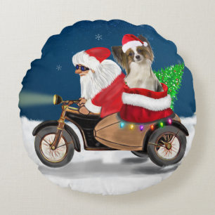 Papillon Dog Christmas Santa Claus Round Pillow