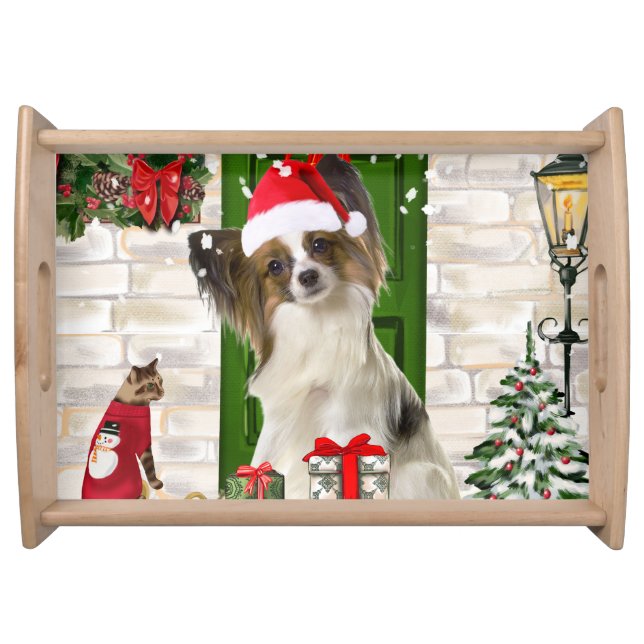Papillon Dog Christmas Serving Tray (Front)