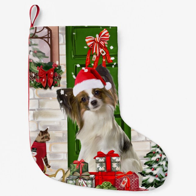 Papillon Dog Christmas  Small Christmas Stocking (Front)