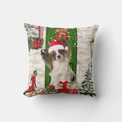 Papillon Dog Christmas Throw Pillow