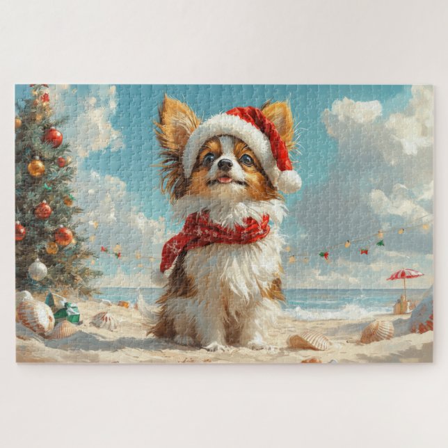 Papillon Dog Christmas Vintage Beach Jigsaw Puzzle (Horizontal)