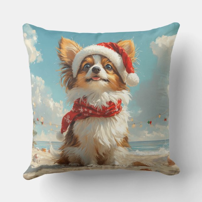 Papillon Dog Christmas Vintage Beach Throw Pillow (Back)