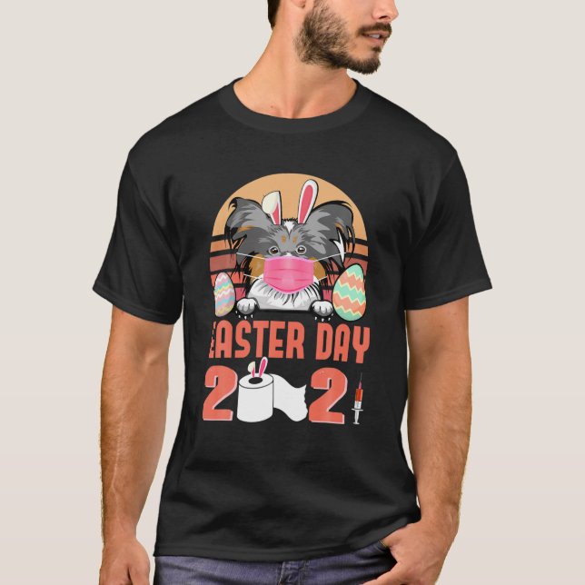 Papillon Dog Face Mask Rabbit Bunny Egg Easter Day T-Shirt (Front)
