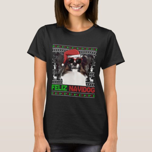 Papillon Dog Feliz Navidog Christmas T_Shirt