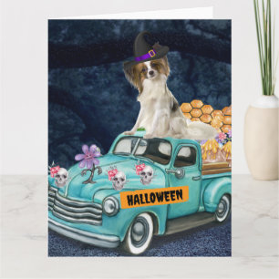 Papillon Dog Halloween Truck Scary Night Card
