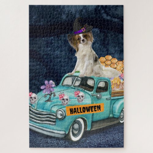 Papillon Dog Halloween Truck Scary Night Jigsaw Puzzle