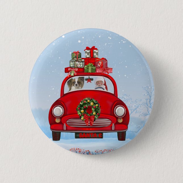 Papillon Dog In Car With Santa Claus  Button (Front)
