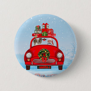 Papillon Dog In Car With Santa Claus Button