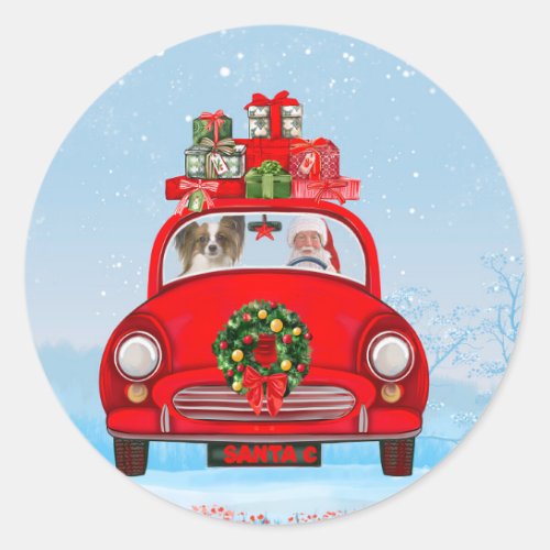 Papillon Dog In Car With Santa Claus  Classic Round Sticker