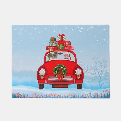 Papillon Dog In Car With Santa Claus  Doormat