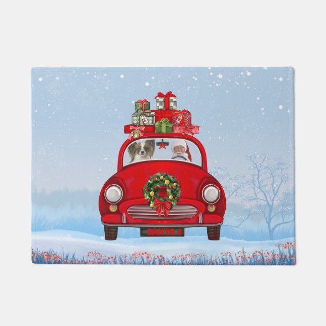 Papillon Dog In Car With Santa Claus  Doormat (Front)