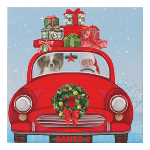 Papillon Dog In Car With Santa Claus  Faux Canvas Print