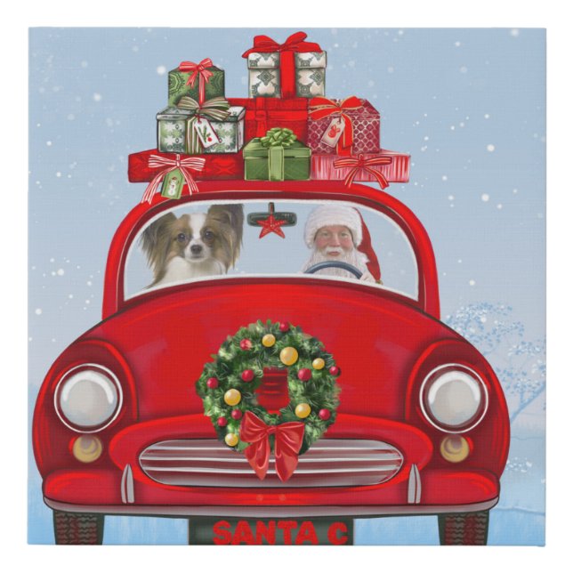 Papillon Dog In Car With Santa Claus  Faux Canvas Print (Front)