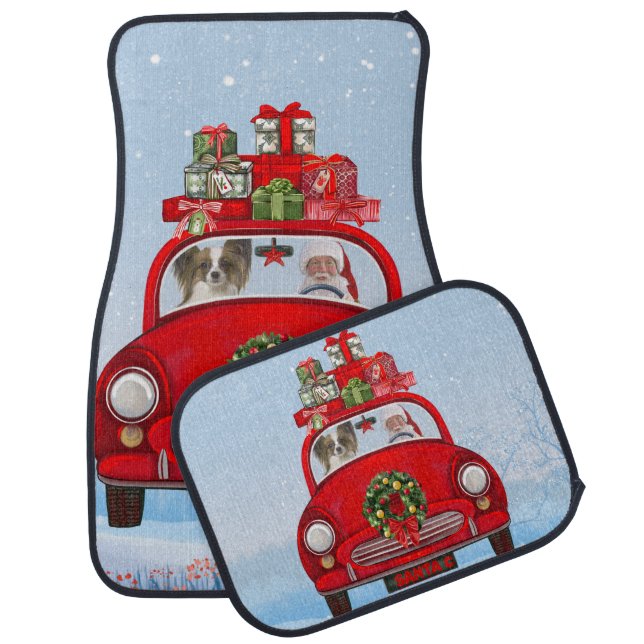 Papillon Dog In Car With Santa Claus Floor Mat (Set)