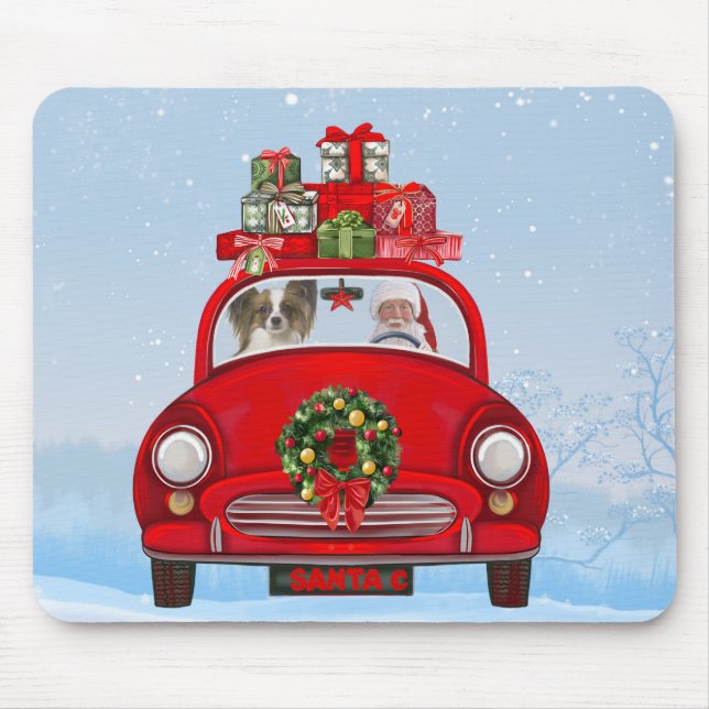 Papillon Dog In Car With Santa Claus  Mouse Pad (Front)