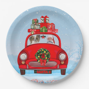 Papillon Dog In Car With Santa Claus Paper Plates