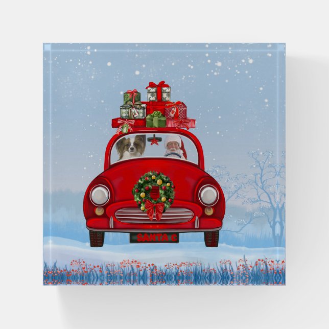 Papillon Dog In Car With Santa Claus  Paperweight (Front)