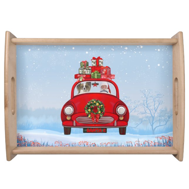 Papillon Dog In Car With Santa Claus  Serving Tray (Front)