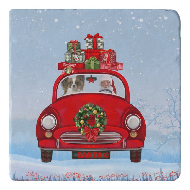 Papillon Dog In Car With Santa Claus  Trivet (Front)